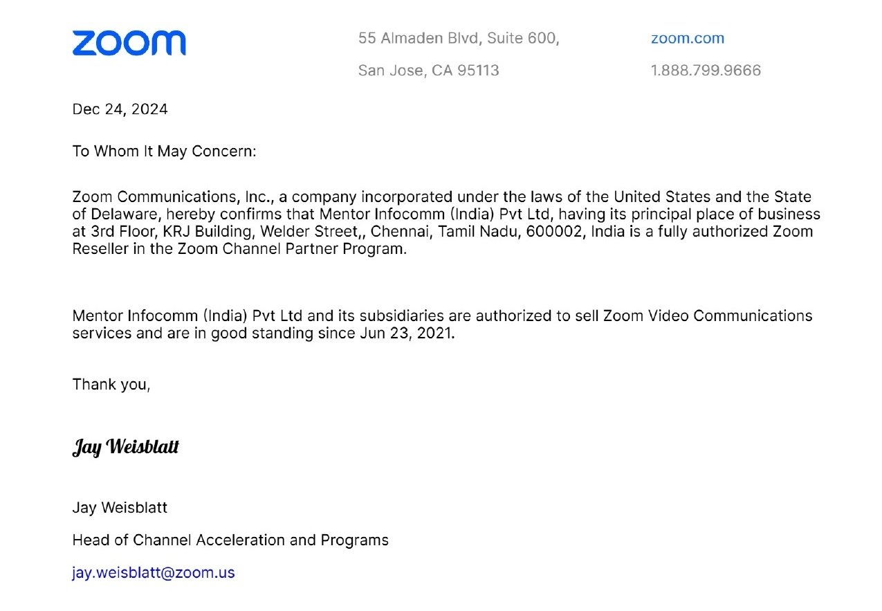 Zoom Authorized Reseller Letter